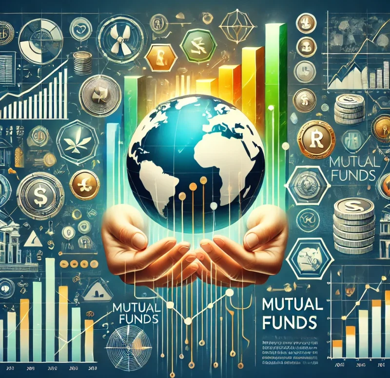 DALL·E 2024-12-20 14.39.42 - An image representing mutual funds, featuring a professional and modern design. The image includes a vibrant financial chart with upward-trending line